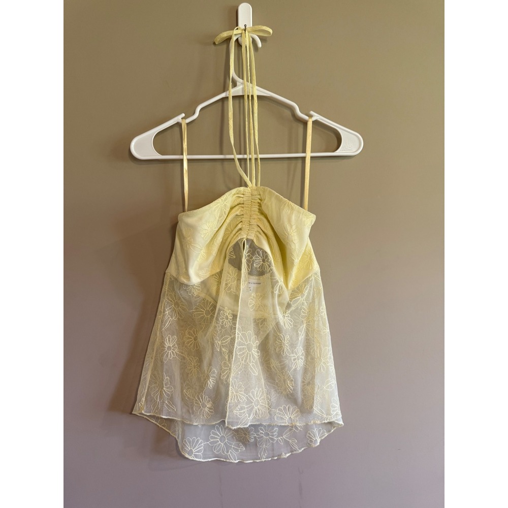 Love On A Hanger Yellow Floral Embroidered Mesh Halter Babydoll Top Medium